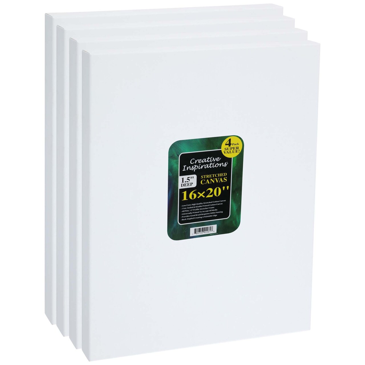 Creative Inspirations Stretched Canvas for Painting- 1-1/2" Deep, 4-Pack, 11oz Sealed & Double-Primed Cotton Canvases, Pine Stretcher Frame, Archival All-Media Primer - Alkyd, Acrylic & Oil Painting